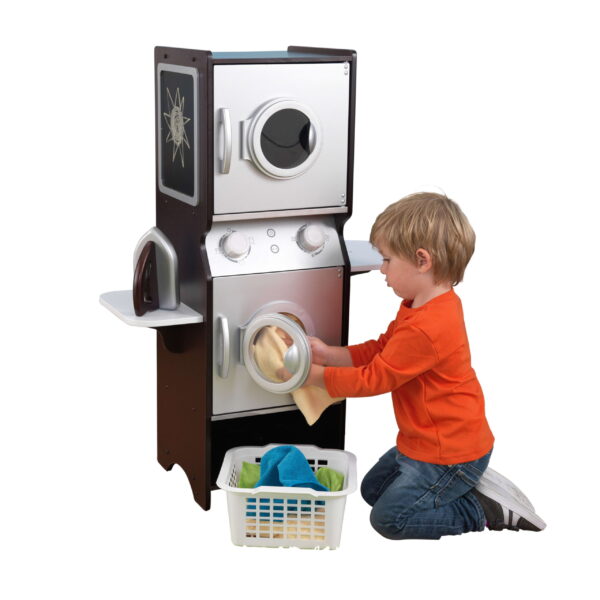 Wooden Laundry Play Set, Stacking Washer and Dryer with Iron and Basket, Espresso - Image 7