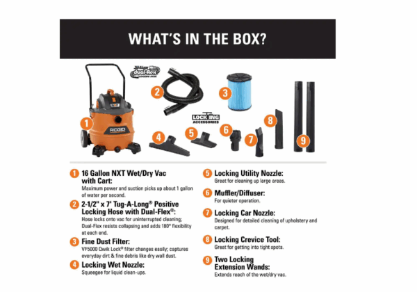 HD1800 16 Gallon 6.5-Peak HP NXT Wet/Dry Shop Vacuum with Cart, Fine Dust Filter, Hose, Accessories - Image 8