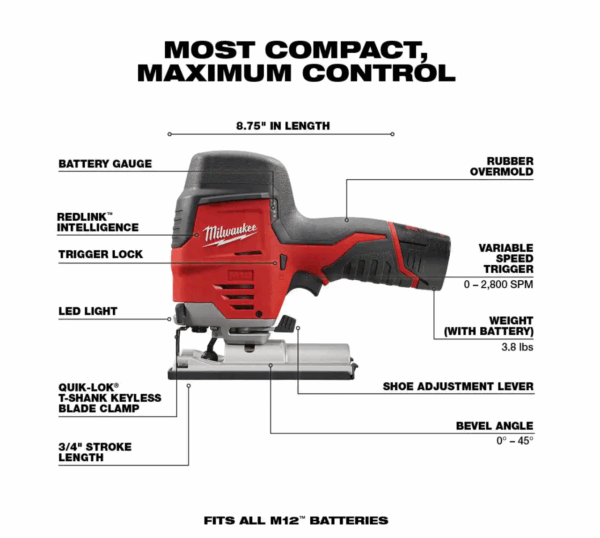 2445-20-2447-20-48-11-2412 M12 12V Lithium-Ion Cordless Jig Saw and Crown Stapler with two 3.0 Ah Batteries - Image 2
