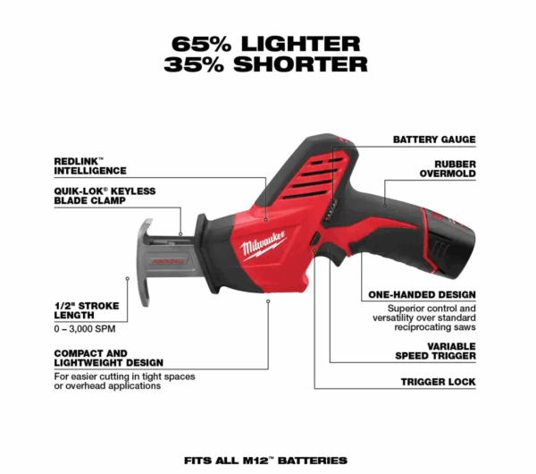 2420-21-2457-20-48-11-2460 M12 12V Lithium-Ion HACKZALL Cordless Reciprocating Saw Kit with M12 3/8 in. Ratchet and 6.0 Ah XC Battery Pack - Image 2