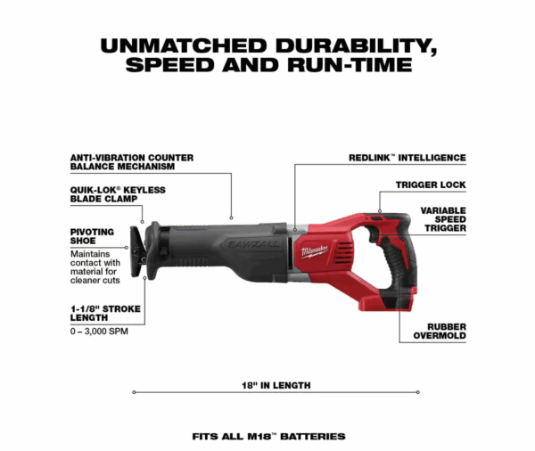 2621-20-48-11-1837 M18 18V Lithium-Ion Cordless SAWZALL Reciprocating Saw with Two 3.0Ah Batteries - Image 2