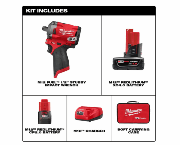 2555-22 M12 FUEL 12V Lithium-Ion Brushless Cordless Stubby 1/2 in. Impact Wrench Kit with One 4.0 and One 2.0Ah Batteries - Image 2