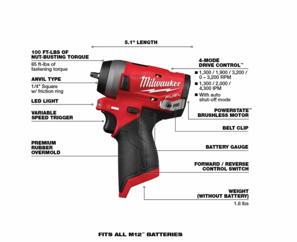 2555-20-48-11-2420 M12 FUEL 12V Lithium-Ion Brushless Cordless Stubby 1/2 in. Impact Wrench with M12 2.0Ah Battery - Image 2