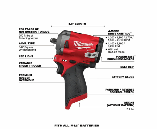 2554-20-48-11-2420 M12 FUEL 12V Stubby 3/8 in. Lithium-Ion Brushless Cordless Impact Wrench with M12 2.0Ah Battery - Image 2