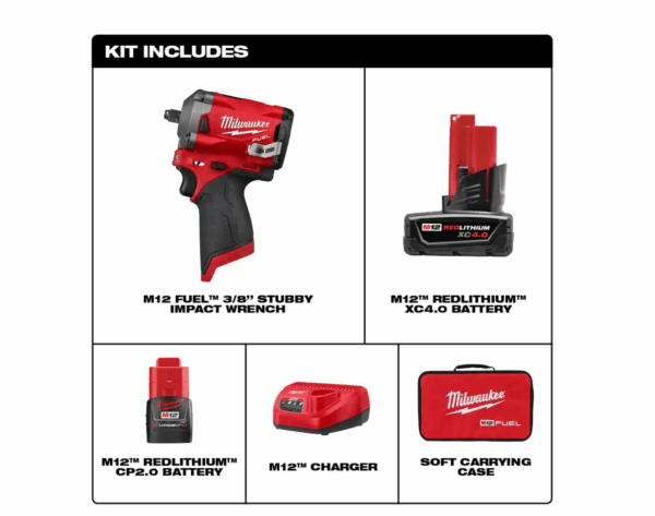 2554-22 M12 FUEL 12V Lithium-Ion Brushless Cordless Stubby 3/8 in. Impact Wrench Kit with One 4.0 and One 2.0Ah Batteries - Image 2