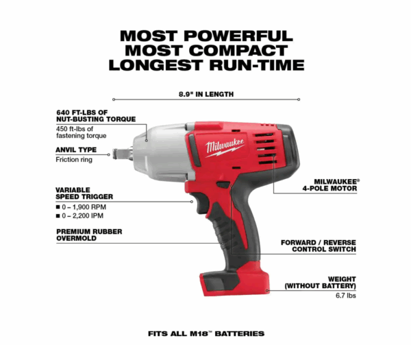 2663-20-48-59-1850 M18 18V Lithium-Ion Cordless 1/2 in. Impact Wrench W/ Friction Ring W/ (1) 5.0Ah Battery and Charger - Image 2