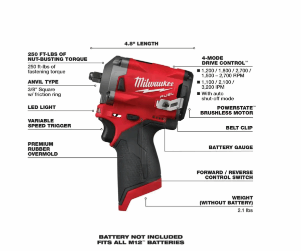 2554-20-2564-20-2567-20 M12  12V Li-Ion Brushless Cordless  3/8 in. Impact Wrench w/Right Angle Impact Wrench   High Speed Ratchet - Image 2