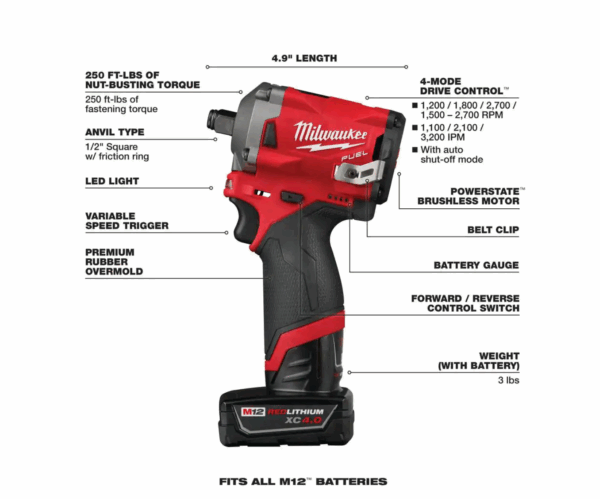 2555-22-0852-20 M12 FUEL 12V Lithium-Ion Brushless Cordless Stubby 1/2 in. Impact Wrench Kit with Compact Spot Blower - Image 2