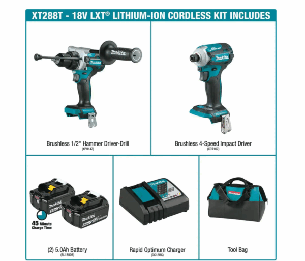 XT288T 18V LXT Lithium-Ion Brushless Cordless Combo Kit 5.0 Ah (2-Piece) - Image 2