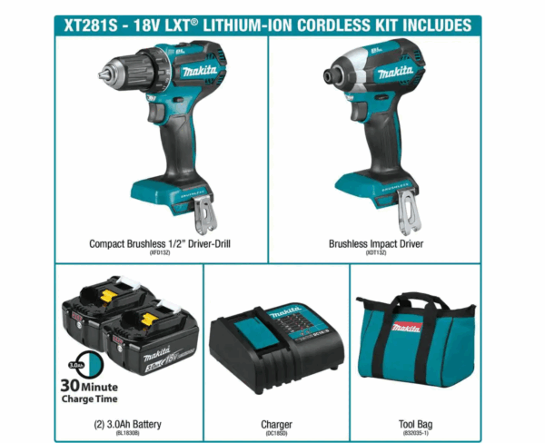 XT281S 18V LXT Lithium-ion Brushless Cordless 2-Piece Combo Kit 3.0Ah Driver-Drill/ Impact Driver - Image 2