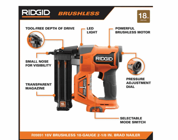 R09891K 18V Brushless Cordless 18-Gauge 2-1/8 in. Brad Nailer with CLEAN DRIVE Technology with 2.0 Ah Battery and Charger - Image 2