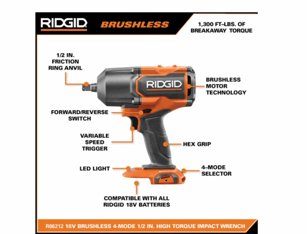 R86212B 18V Brushless Cordless 4-Mode 1/2 in. High-Torque Impact Wrench (Tool Only) - Image 2