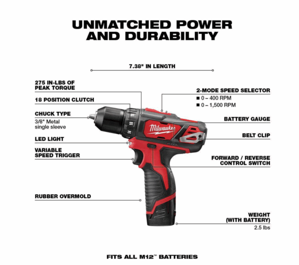 2407-22-2415-20-48-11-2460 M12 12V Lithium-Ion Cordless 3/8 in. Drill/Driver Kit with M12 3/8 in. Right Angle Drill and 6.0 Ah XC Battery Pack - Image 2