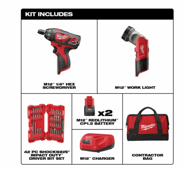 2482-22 M12 12-Volt Lithium-Ion Cordless 1/4 in. Hex Screwdriver/LED Worklight Kit with (2) 1.5Ah Batteries,Bit Set   Bag - Image 2