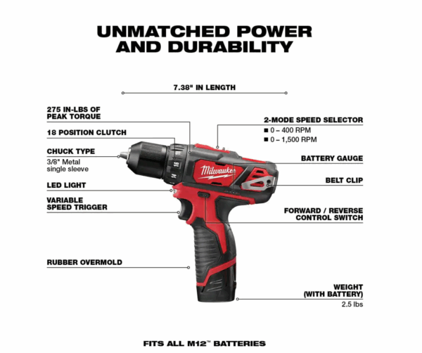 2407-22-2460-20-48-11-2460 M12 12V Lithium-Ion Cordless 3/8 in. Drill/Driver Kit with M12 Rotary Tool and 6.0 Ah XC Battery Pack - Image 2