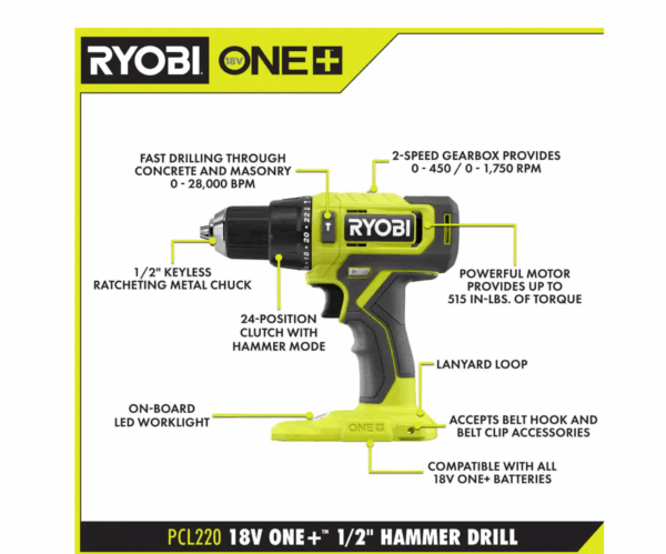 PCL220B ONE+ 18V Cordless 1/2 in. Hammer Drill (Tool Only) - Image 2