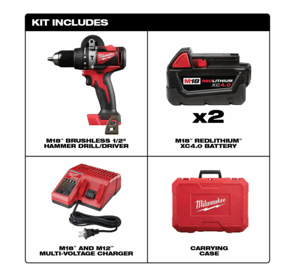 2902-22 M18 18-Volt Lithium-Ion Brushless Cordless 1/2 in. Compact Hammer Drill/Driver Kit w/Two 4.0Ah Batteries and Hard Case - Image 2