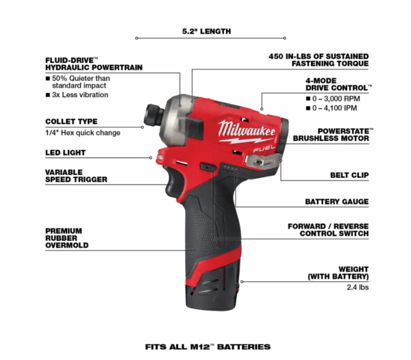 2551-22-2554-20 M12 FUEL SURGE 12V Lithium-Ion Brushless Cordless 1/4 in. Hex Impact Driver Compact Kit   M12 FUEL 3/8 in. Impact Wrench - Image 2