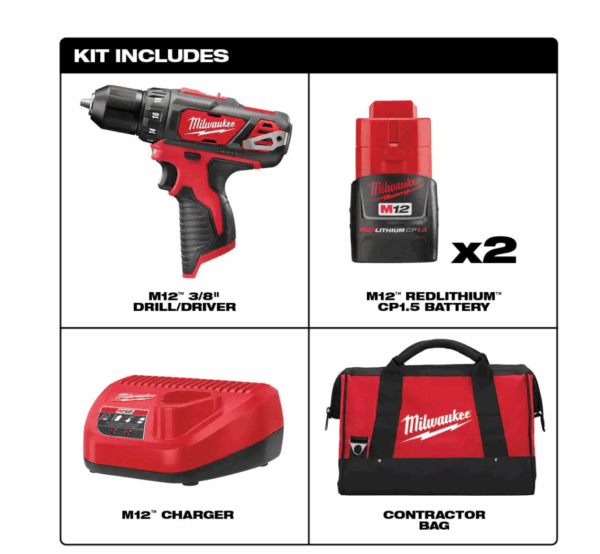 2407-22 M12 12-Volt Lithium-Ion Cordless 3/8 in. Drill/Driver Kit with Two 1.5 Ah Batteries, Charger and Tool Bag - Image 2