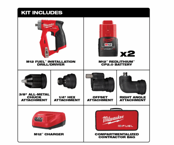 2505-22-PO M12 FUEL 12V Lithium-Ion Brushless Cordless 4-in-1 Installation 3/8 in. Drill Driver Kit   4-Tool Heads W/PACKOUT - Image 2