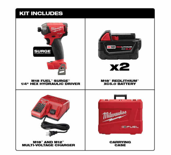 2760-22 M18 FUEL SURGE 18V Lithium-Ion Brushless Cordless 1/4 in. Hex Impact Driver Compact Kit with Two 5.0 Ah Batteries - Image 2