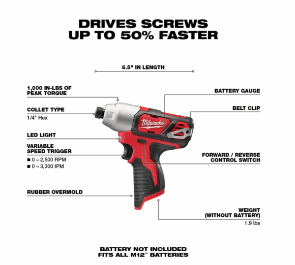 2462-20 M12 12V Lithium-Ion Cordless 1/4 in. Hex Impact Driver (Tool-Only) - Image 2