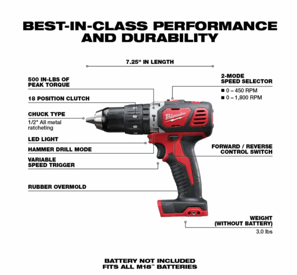 2607-20 M18 18-Volt Lithium-Ion Cordless 1/2 in. Hammer Drill/Driver (Tool-Only) - Image 2