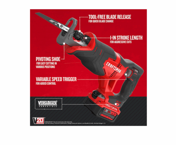 Reciprocating Saw CMCS300M1 V20 20-volt Max Variable Speed Cordless (Charger Included and Battery Included) - Image 9