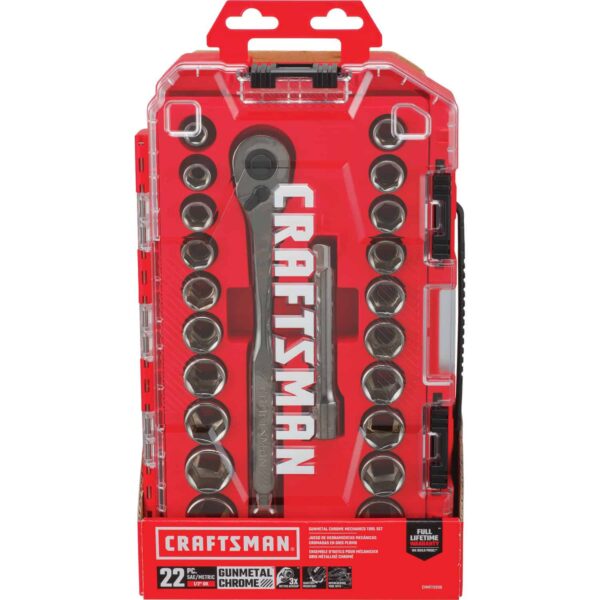 22-Piece Standard (SAE) and Metric Gunmetal Chrome Mechanics Tool Set with Hard Case - Image 8