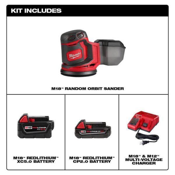 M18 18V Lithium-Ion Cordless 5 in. Random Orbit Sander with (1) 5.0 Ah, (1) 2.0 Ah Battery and Charger - Image 2