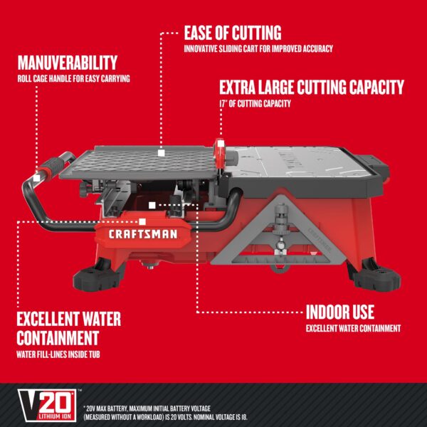 V20 7-in 30-Amp Tabletop Sliding Table Cordless Tile Saw (Battery Included) - Image 2