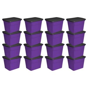 18 Gallon Storage Tote Stackable Plastic Bin with Lid, Purple, 16 Pack