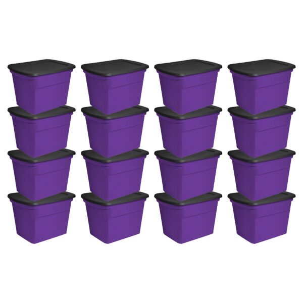 18 Gallon Storage Tote Stackable Plastic Bin with Lid, Purple, 16 Pack