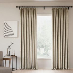 Pinch Pleated Lille Linen Memory Trained Blackout Curtains Natural Burlywood Birch Modern Custom Drapes
