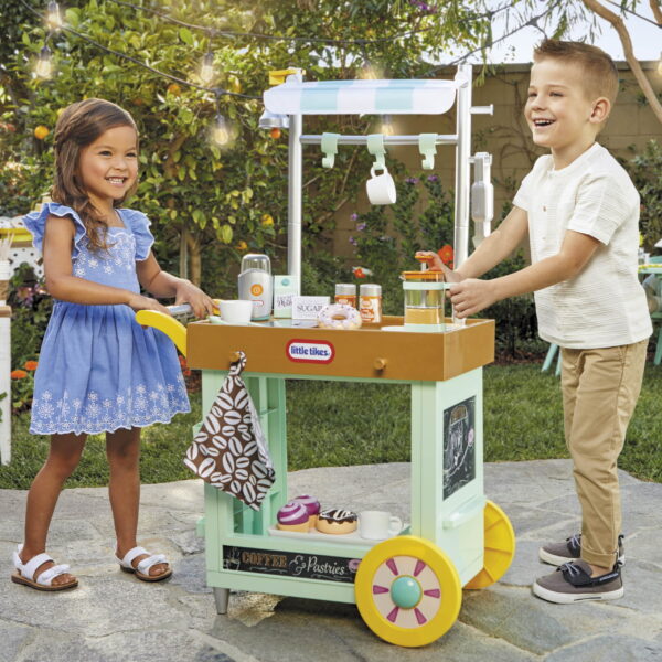 2-in-1 Café Cart Pretend Food Cooking Toy Role Play Kitchen Playset for Multiple Kids and Toddlers - Image 2