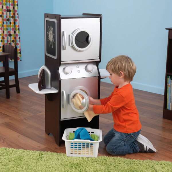 Wooden Laundry Play Set, Stacking Washer and Dryer with Iron and Basket, Espresso - Image 5