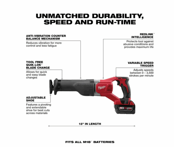 2621-21 M18 18V Lithium-Ion Cordless SAWZALL Reciprocating Saw W/(1) 3.0Ah Batteries, Charger, Hard Case - Image 3