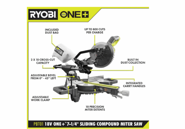 Miter Saw PBT01B-PBP004 ONE+ 18V Cordless 7-1/4 in. Sliding Compound with HIGH PERFORMANCE Lithium-Ion 4.0 Ah Battery - Image 2