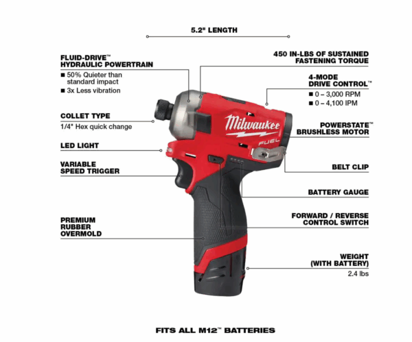 2551-22-2415-20 M12 FUEL SURGE 12V Lithium-Ion Brushless Cordless 1/4 in. Hex Impact Driver Compact Kit with M12 Right Angle Drill - Image 3