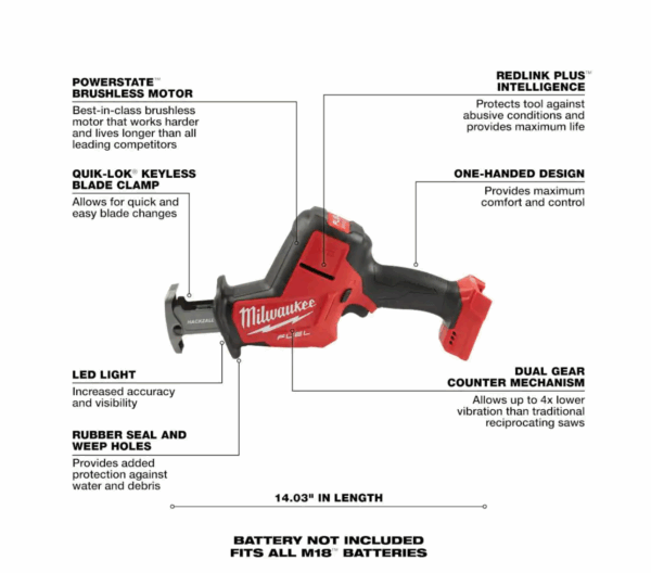 Reciprocating Saw 2719-20-48-11-1820 M18 FUEL 18-Volt Lithium-Ion Brushless Cordless HACKZALL with 2.0 Ah Battery - Image 3