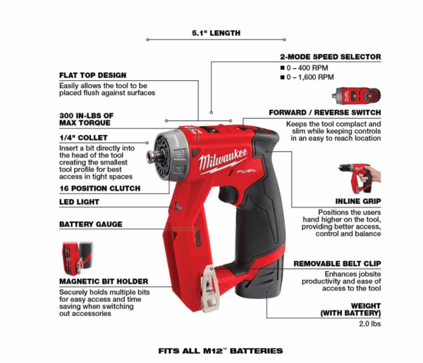 2505-22-2415-20 M12 FUEL 12-Volt Lithium-Ion Brushless Cordless 4-in-1 Interchangeable 3/8 in. Drill Driver Kit with Right Angle Drill - Image 3