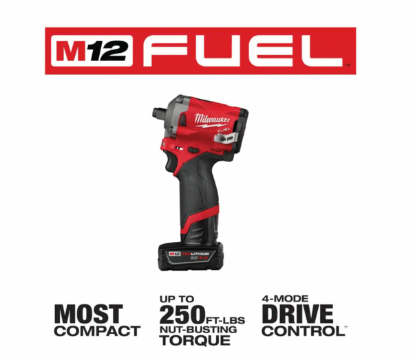 2555-22 M12 FUEL 12V Lithium-Ion Brushless Cordless Stubby 1/2 in. Impact Wrench Kit with One 4.0 and One 2.0Ah Batteries - Image 3