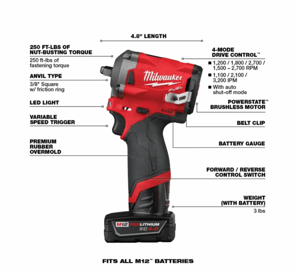 2554-22-48-11-2460 M12 FUEL 12V Lithium-Ion Brushless Cordless Stubby 3/8 in. Impact Wrench Kit with 6.0Ah Battery - Image 3