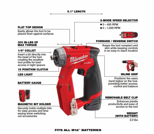 2505-22-48-11-2420 M12 FUEL 12-Volt Lithium-Ion Brushless Cordless 4-in-1 Installation 3/8 in. Drill Driver Kit W/ Bonus 2.0Ah Battery - Image 3
