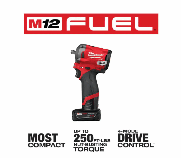 2554-22 M12 FUEL 12V Lithium-Ion Brushless Cordless Stubby 3/8 in. Impact Wrench Kit with One 4.0 and One 2.0Ah Batteries - Image 3