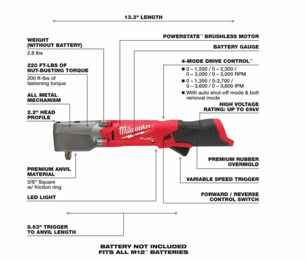 2564-20 M12  12V Lithium-Ion Brushless Cordless 3/8 in. Right Angle Impact Wrench (Tool-Only) - Image 3