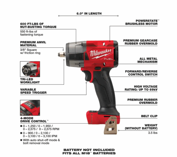 2960-20 M18 FUEL GEN-2 18V Lithium-Ion Mid Torque Brushless Cordless 3/8 in. Impact Wrench with Friction Ring (Tool-Only) - Image 3