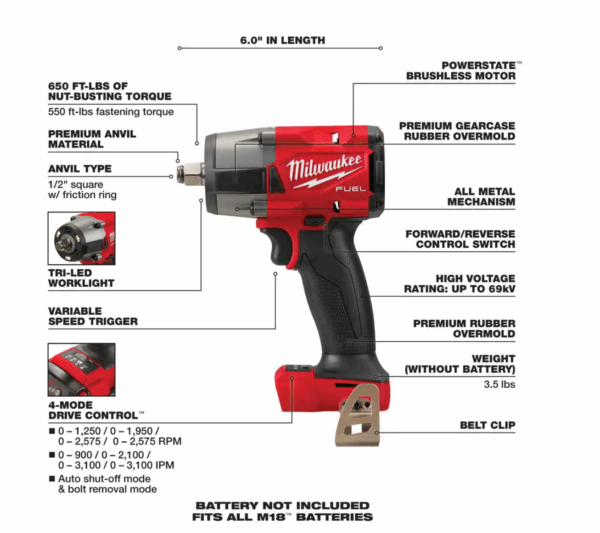2962-20 M18 FUEL Gen-2 18V Lithium-Ion Brushless Cordless Mid Torque 1/2 in. Impact Wrench w/Friction Ring (Tool-Only) - Image 3