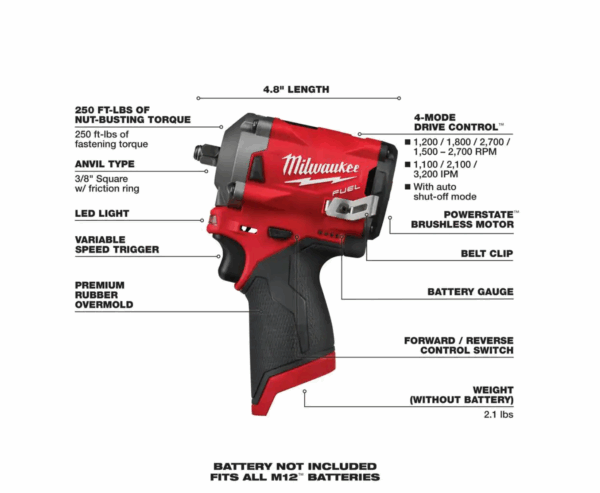 2554-20-2557-20 M12 FUEL 12V Lithium-Ion Brushless Cordless Stubby 3/8 in. Impact Wrench and Ratchet Kit (Tool-Only Kit) - Image 3