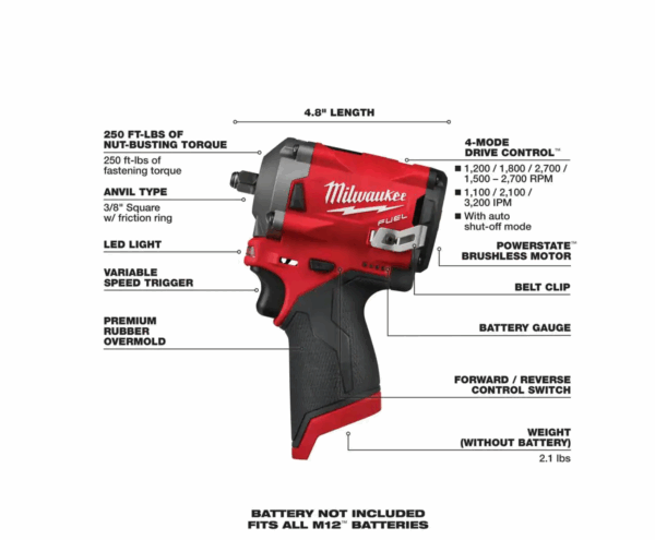 2554-20-2485-20-2557-20 M12 FUEL 12V Lithium-Ion Brushless Cordless Stubby 3/8 in. Impact Wrench / 3/8 in. Ratchet/Die Grinder (3-Tool) - Image 3